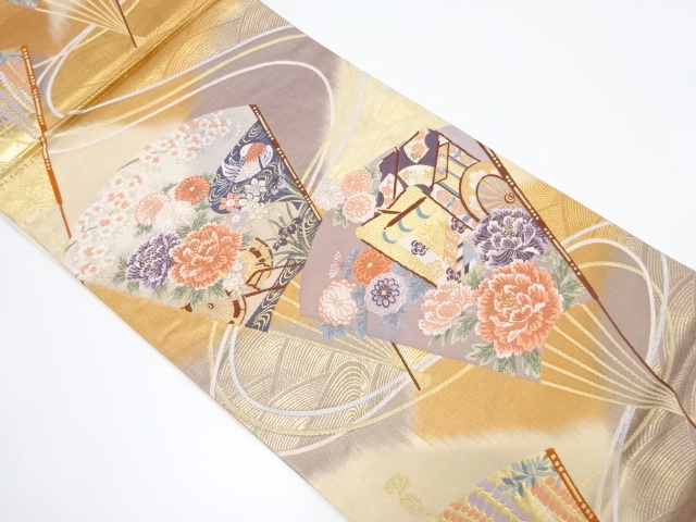 扇面牡丹に菊模様織出し袋帯